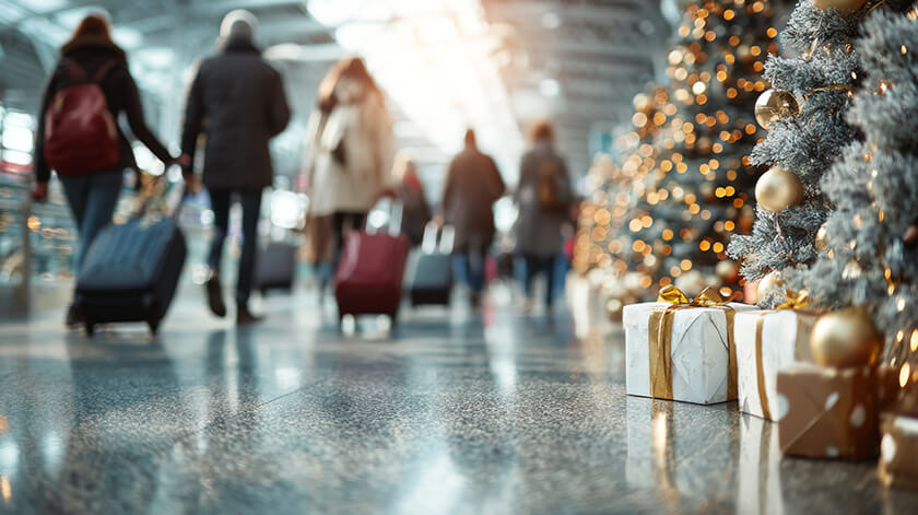 Christmas 2025 Business Class Deals — Why Booking Early Saves You More 4 christmas travelers at airport Christmas 2025 Business Class Deals — Why Booking Early Saves You More