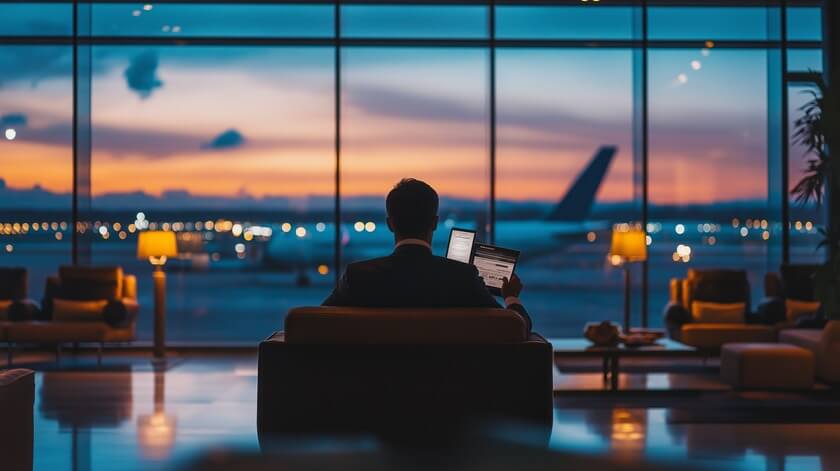 The Subtle Fears of Business-Class Travelers 2 man lobby airport waiting flight looking The Subtle Fears of Business-Class Travelers