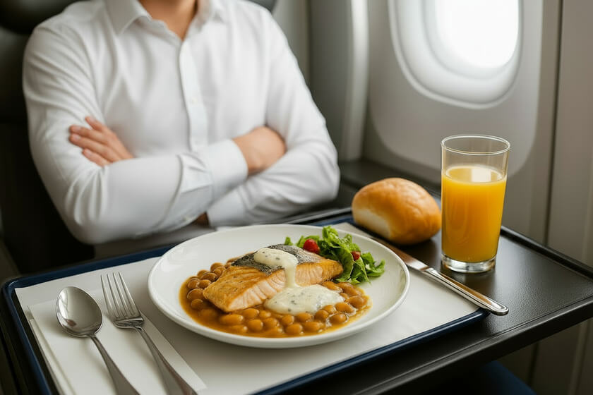 The Subtle Fears of Business-Class Travelers 8 tasty meal served on board airplane The Subtle Fears of Business-Class Travelers