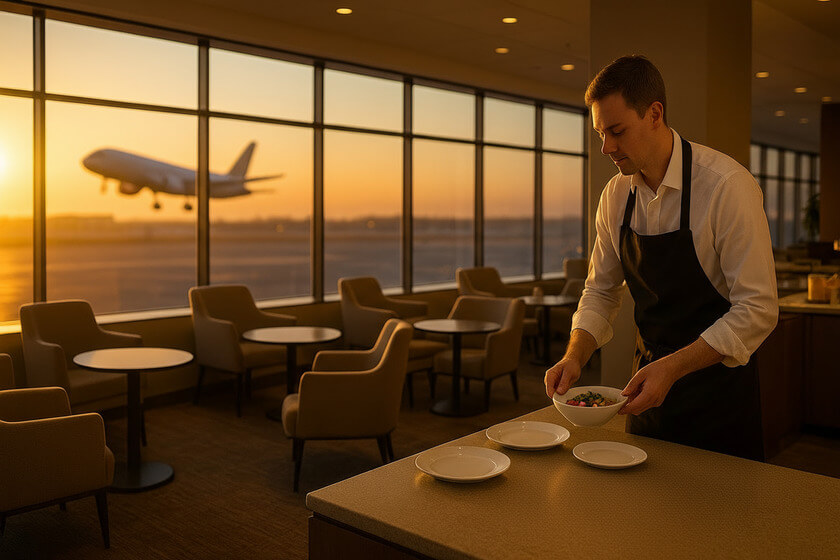 The Subtle Fears of Business-Class Travelers 3 waiter setting table in airport lounge The Subtle Fears of Business-Class Travelers