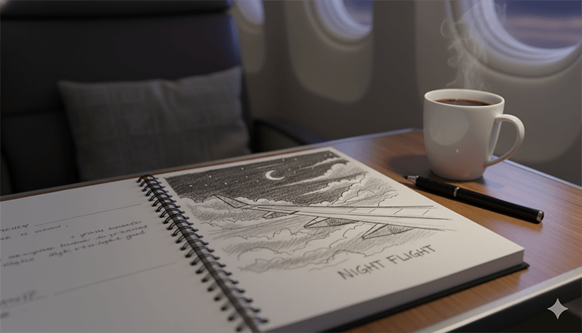 Unusual Flight Experiences: The Moments That Stay With You 3 sketchbook coffee airplane night flight Unusual Flight Experiences: The Moments That Stay With You