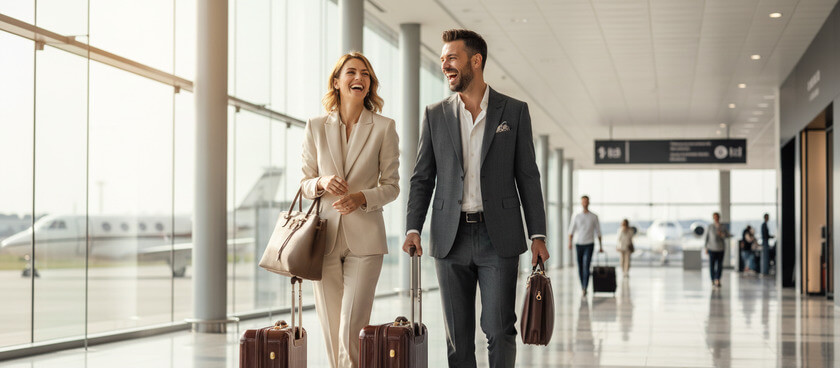 Business-Class Secrets You Won’t Find on Booking Sites 4 business couple walking in airport business travel Business-Class Secrets You Won’t Find on Booking Sites