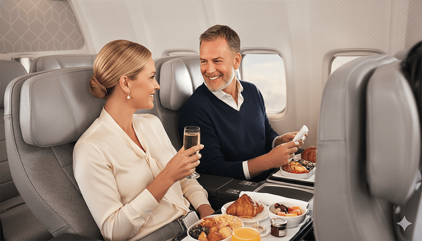 Business Class for Couples: The Art of Traveling Together 5 couple dining business class airplane Business Class for Couples: The Art of Traveling Together