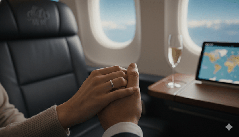 Business Class for Couples: The Art of Traveling Together 2 couple holding hands airplane business class Business Class for Couples: The Art of Traveling Together