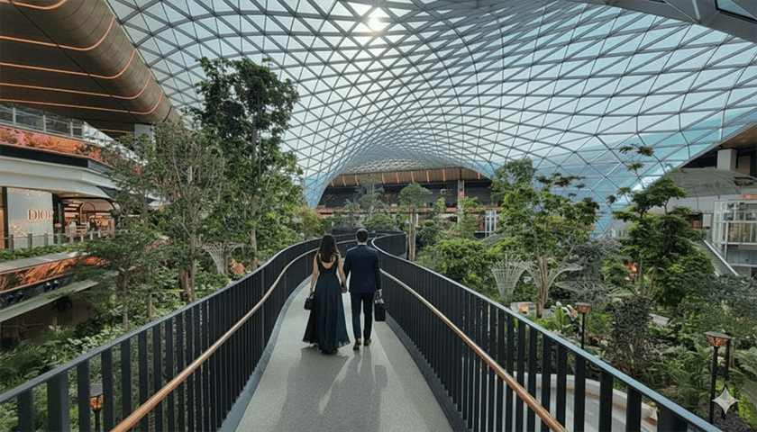 Business Class for Couples: The Art of Traveling Together 3 couple walking in the orchard hamad international airport Business Class for Couples: The Art of Traveling Together