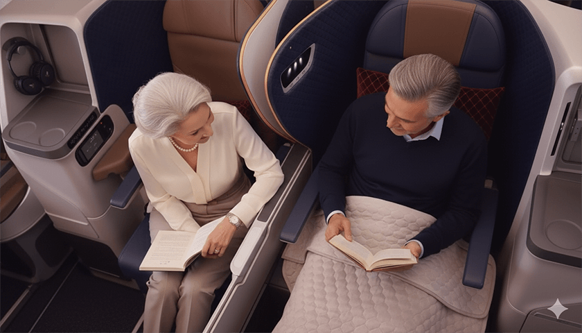 Business Class for Couples: The Art of Traveling Together 6 elderly couple reading books in air india a350 business class Business Class for Couples: The Art of Traveling Together