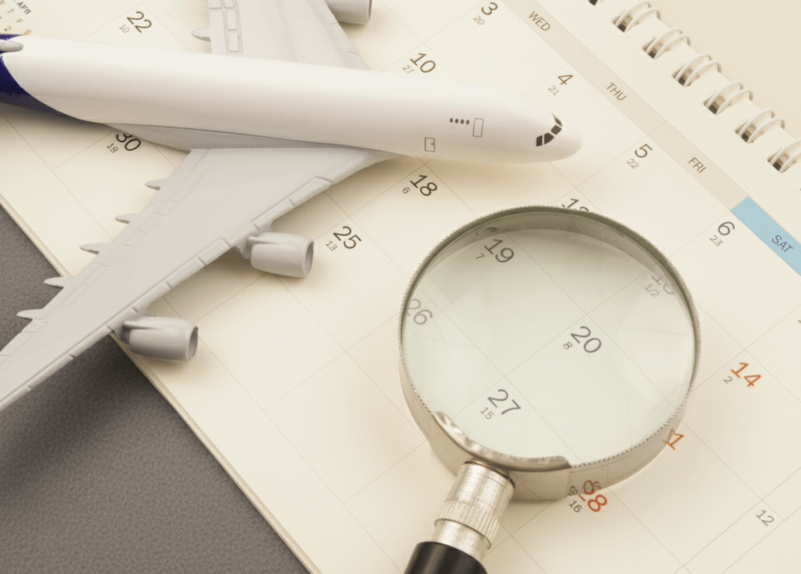 travel planning calendar with airplane and magnifying glass When to Book Flights for Holidays in 2026