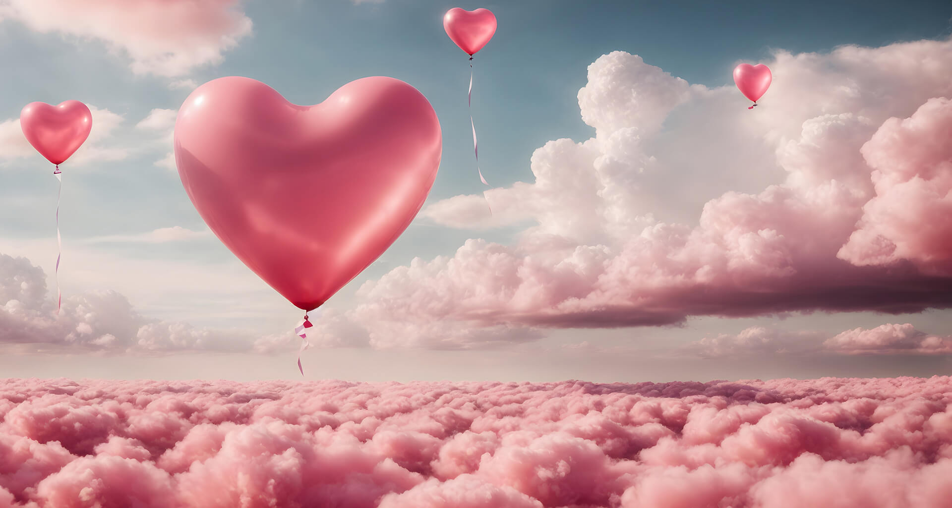 pink heart shaped balloons floating over dreamy pink clouds Valentine’s Day Offers