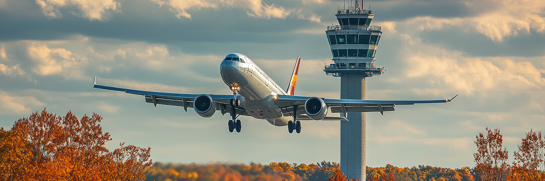 When to book flights for July–September 2026, before options become limited 6 airplane landing airport control tower autumn sky approach runway