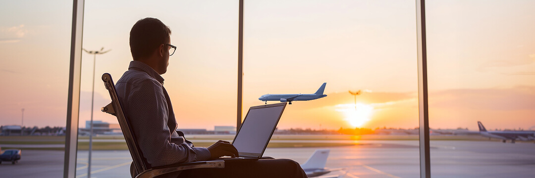 May 2026 US Premium Flight Briefing 7 airport business traveler working on laptop sunset airplane takeoff