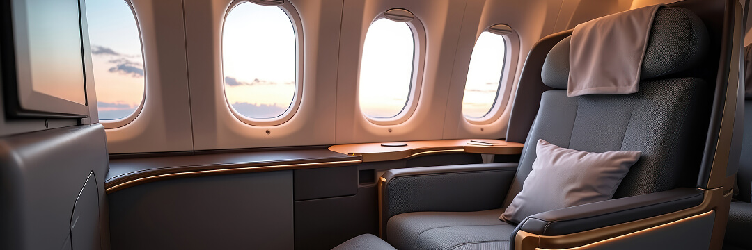May 2026 US Premium Flight Briefing 5 luxury airplane business class seat window view sunset flight cabin