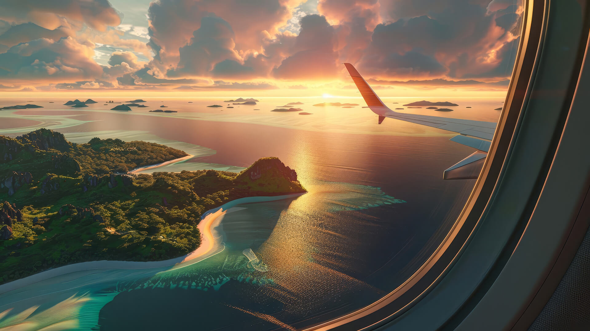 When to book flights for July–September 2026, before options become limited 8 sunset aerial view tropical islands airplane window ocean lagoon scenic flight view